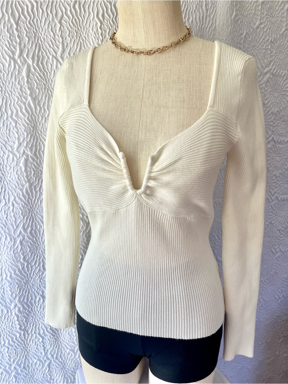 Lucy Paris Cream Ribbed Long Sleeve V-Neck Top